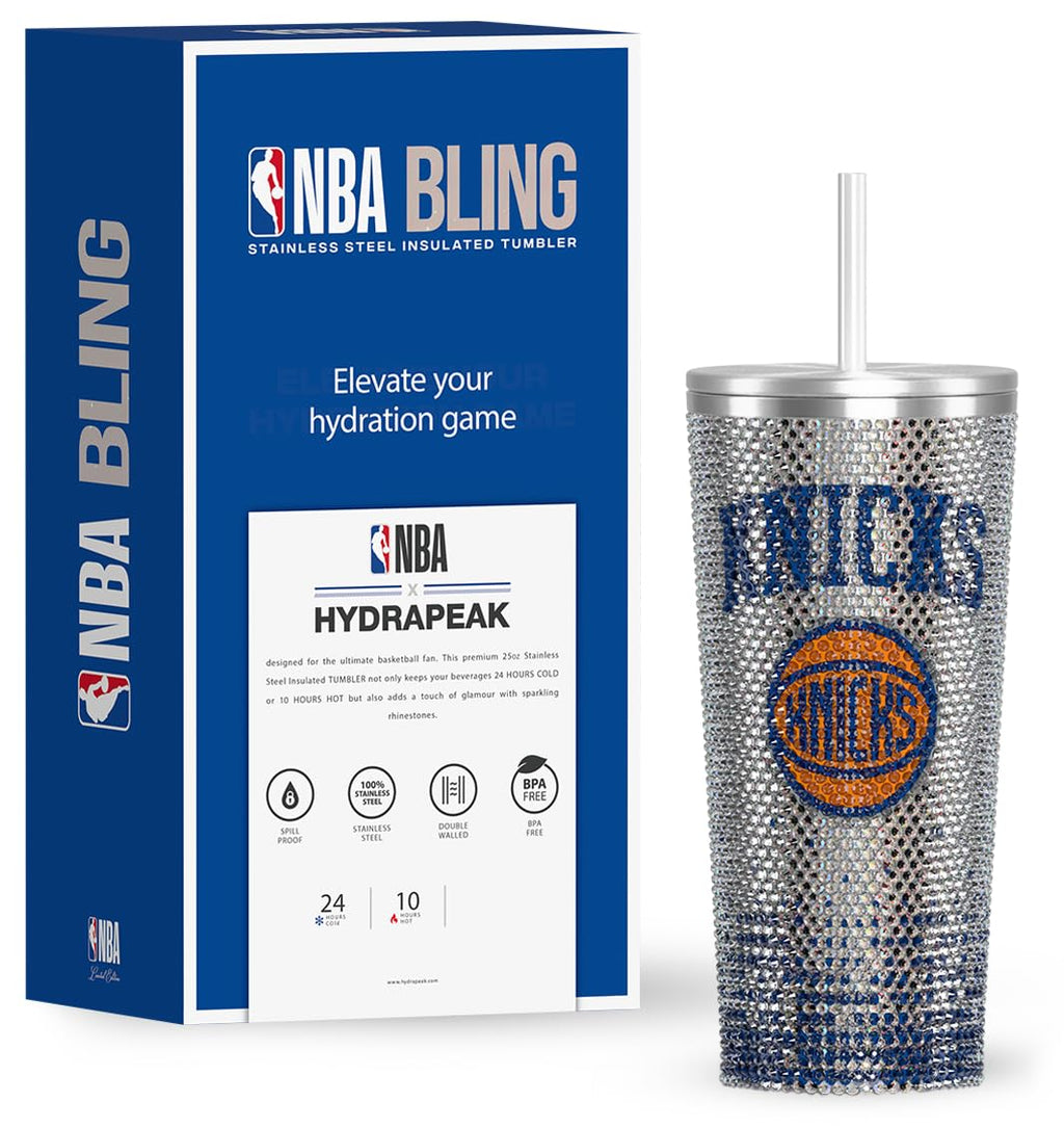 Hydrapeak x NBA Officially Licensed New York Knicks 25 oz Rhinestone Bling Tumbler with Straw Lid Glitter Leakproof Stainless Steel Water Bottle