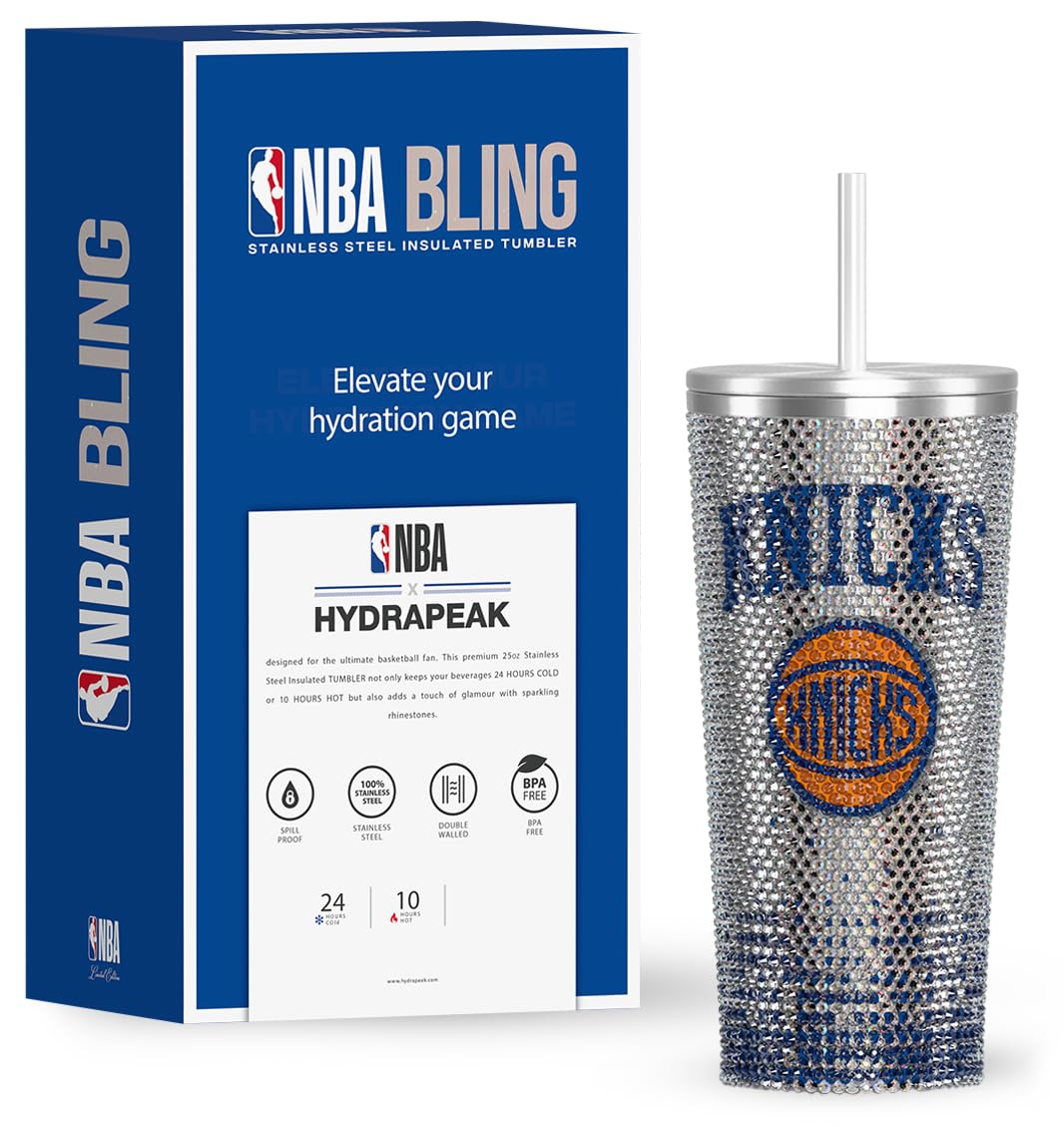 Hydrapeak x NBA Officially Licensed New York Knicks 25 oz Rhinestone Bling Tumbler with Straw Lid Glitter Leakproof Stainless Steel Water Bottle